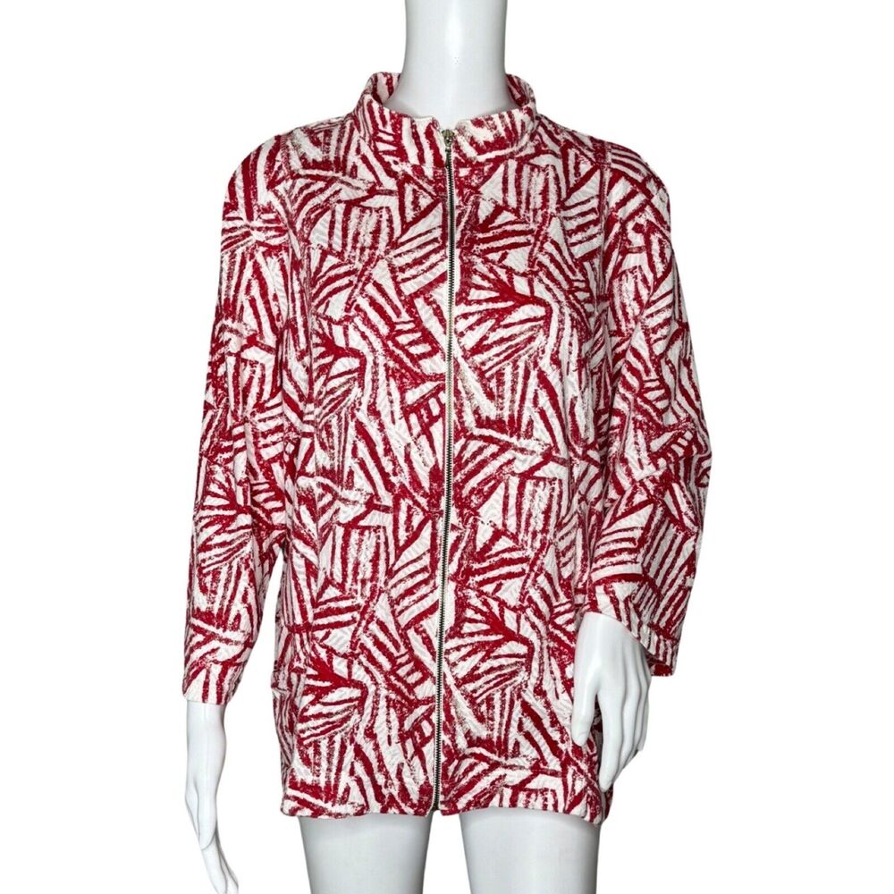 Chicos Jacket Womens XL Red White Geometric Zip Up Cardigan Work Office Casual‎